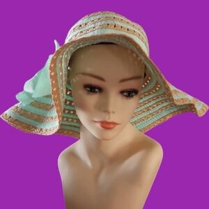 CHATTIES Mint Ribbon Striped Straw Floppy Wide Brim Hat